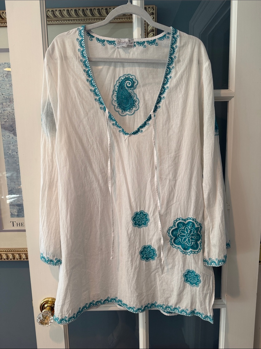 Mud Pie White Tunic Coverup with Teal Embroidery